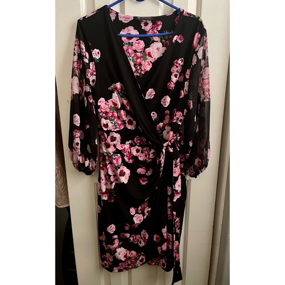 INC FLORAL WRAP DRESS WITH SHEER SLEEVES